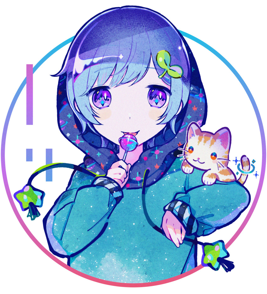 1boy animal_on_shoulder blue_hoodie candy cat commentary_request cropped_torso drawstring food hair_ornament hand_up highres holding holding_candy holding_food holding_lollipop hood hood_up hoodie kiato leaf_hair_ornament licking lollipop long_sleeves looking_at_viewer mahito-kun male_focus real_life short_hair smile solo sparkle star_(symbol) tongue tongue_out upper_body violet_eyes white_background