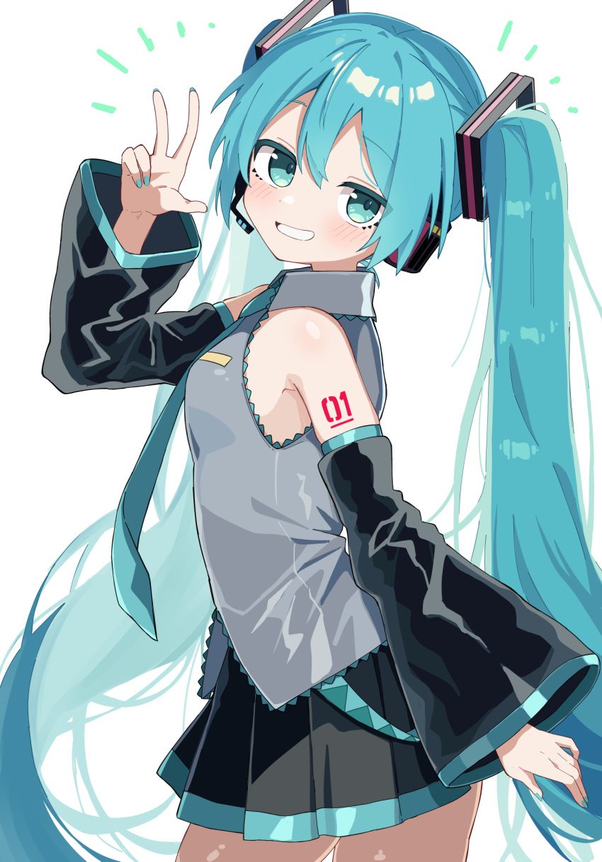 aqua_eyes aqua_hair aqua_nails aqua_necktie arm_tattoo black_skirt black_sleeves commentary_request cowboy_shot detached_sleeves dot_nose from_side grey_shirt grin hatsune_miku head_tilt headset highres light_blush long_hair looking_at_viewer maud0239 nail_polish necktie pleated_skirt shirt simple_background skirt sleeveless sleeveless_shirt smile tattoo twintails v very_long_hair vocaloid white_background