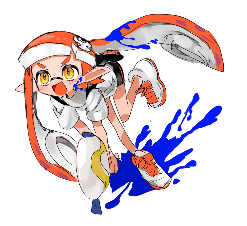 1girl :d bad_id bad_twitter_id bent_over bike_shorts blush hair_ornament highres holding holding_weapon inkling_girl inkling_player_character orange_hair pointy_ears running sasaki5_ika shirt shoes short_sleeves simple_background sketch smile solo splatoon_(series) tentacle_hair watermark weapon white_background white_shirt yellow_eyes