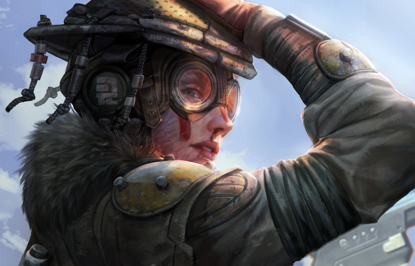 1other androgynous apex_legends blood bloodhound_(apex_legends) blue_eyes brown_jacket clouds eleonora_lisi english_commentary from_side fur-trimmed_jacket fur_trim gloves goggles hand_on_headwear helmet highres jacket l-star looking_at_viewer nosebleed parted_lips portrait realistic red_gloves scar sky solo