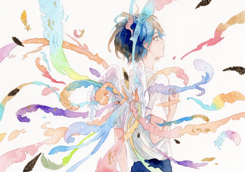 1boy abstract absurdres arm_at_side bare_arms black_hair blue_hair blue_pants child closed_mouth hand_up highres male_focus multicolored_wings original painting_(medium) pants profile shirt short_hair short_sleeves solo srnmomo traditional_media upper_body watercolor_(medium) white_background white_shirt wings