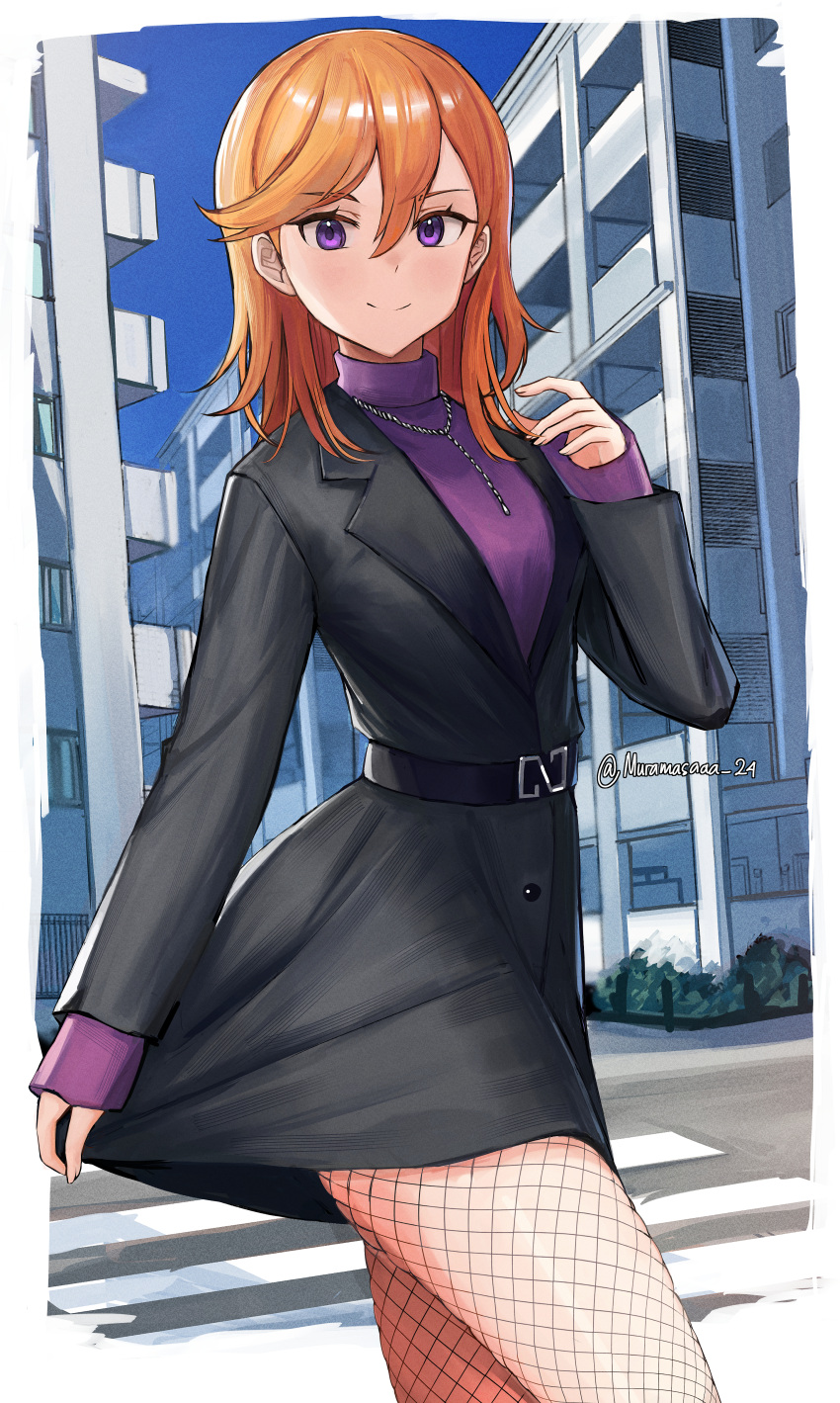 1girl absurdres belt black_belt black_jacket building closed_mouth commentary crosswalk english_commentary fishnet_pantyhose fishnets hair_between_eyes highres jacket jewelry long_sleeves looking_at_viewer love_live! love_live!_superstar!! medium_hair muramasa_dash necklace orange_hair outdoors pantyhose purple_shirt shibuya_kanon shirt smile solo standing swept_bangs twitter_username upper_body violet_eyes