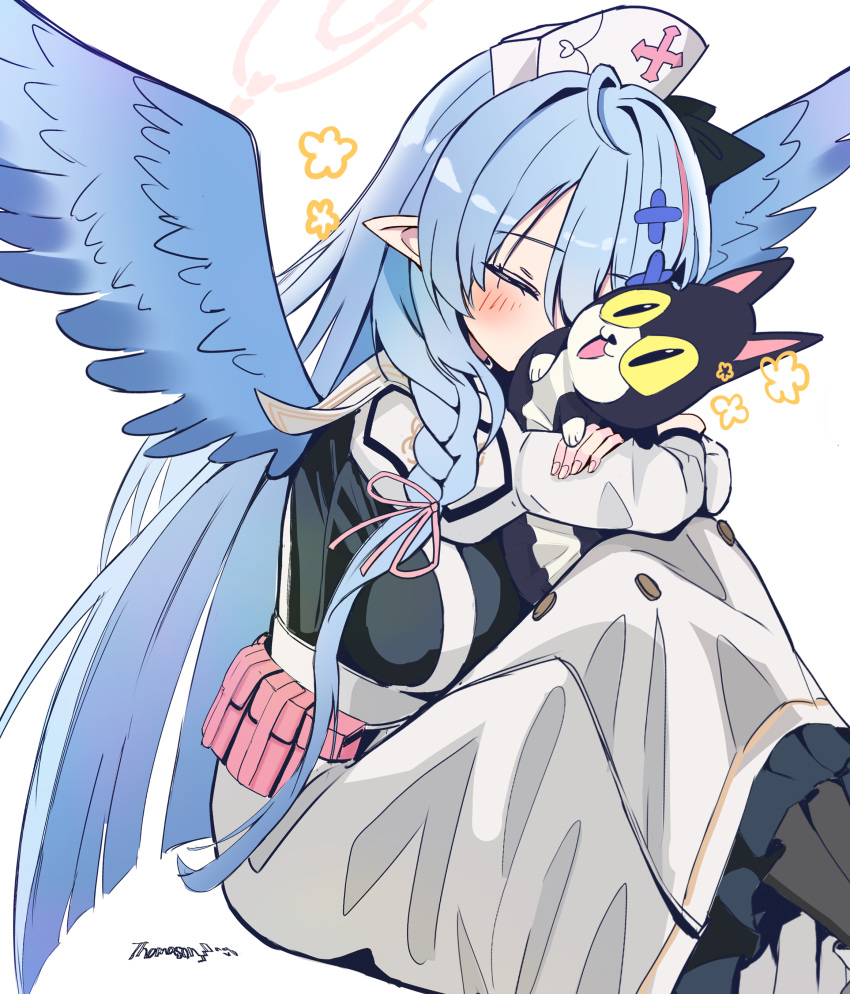 1girl absurdres ahoge black_pantyhose black_shirt blue_archive blue_hair blue_wings blush breasts buttons closed_eyes crossed_arms double-breasted feathered_wings feet_out_of_frame from_side hair_between_eyes hair_ornament halo hat highres hugging_object large_breasts long_hair long_skirt long_sleeves mine_(blue_archive) nurse_cap pantyhose pointy_ears sailor_collar shirt simple_background sitting skirt solo straight_hair stuffed_animal stuffed_cat stuffed_toy thomason366 very_long_hair wavecat_(blue_archive) white_background white_sailor_collar white_skirt wings