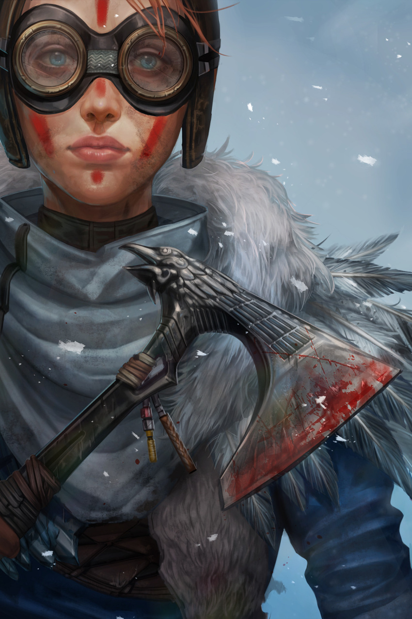 1other androgynous apex_legends axe blood blood_on_weapon bloodhound_(apex_legends) blue_eyes blue_jacket brown_headwear eleonora_lisi english_commentary feather-trimmed_jacket feathers fur-trimmed_jacket fur_trim goggles highres holding holding_axe jacket looking_at_viewer official_alternate_costume raven's_bite snowing solo straight-on weapon young_blood_bloodhound