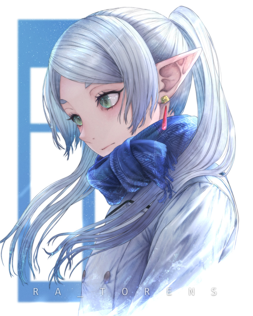 1girl absurdres artist_name blue_hair earrings frieren green_eyes highres jewelry long_hair non-web_source pointy_ears ra_torens scarf sousou_no_frieren twintails