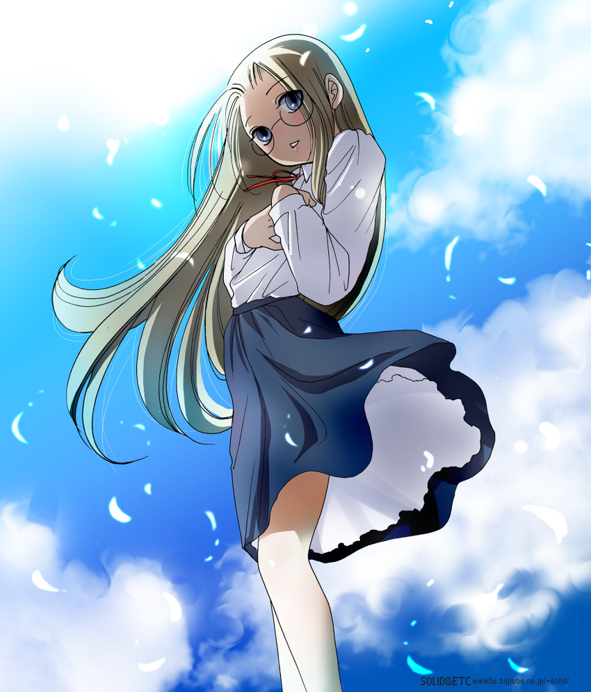 1girl aged_down blonde_hair blue_eyes blue_skirt blue_sky clouds commentary_request feathers hands_on_own_chest hellsing highres integra_hellsing long_hair looking_at_viewer medium_skirt skirt sky solo toshimichi_yukari