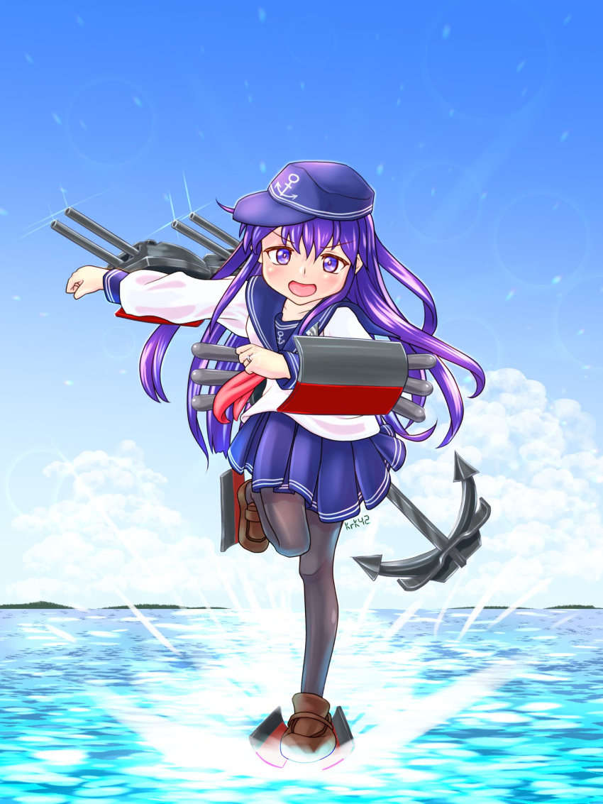 1girl adapted_turret akatsuki_(kancolle) anchor black_pantyhose blue_headwear blue_sailor_collar blue_skirt blue_sky cannon clouds day flat_cap hat highres kantai_collection keraku looking_at_viewer machinery neckerchief open_mouth outdoors pantyhose pleated_skirt purple_hair red_neckerchief running_on_liquid sailor_collar sailor_shirt school_uniform serafuku shirt skirt sky solo turret violet_eyes water white_shirt