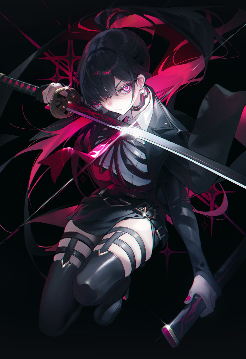 1girl absurdres black_background black_footwear black_gloves black_hair black_jacket black_thighhighs cerberus_(legendary_sword) closed_mouth collared_shirt diffraction_spikes elbow_gloves full_body gloves hair_over_one_eye highres holding holding_sheath holding_sword holding_weapon jacket lapels legendary_sword long_hair looking_at_viewer multicolored_eyes multicolored_hair nail_polish necktie okazu_(eightstudio) open_clothes open_jacket partially_fingerless_gloves pink_eyes pink_hair pink_nails pink_necktie ponytail ringed_eyes sheath shirt solo streaked_hair sword thigh-highs two-tone_hair very_long_hair violet_eyes weapon white_shirt