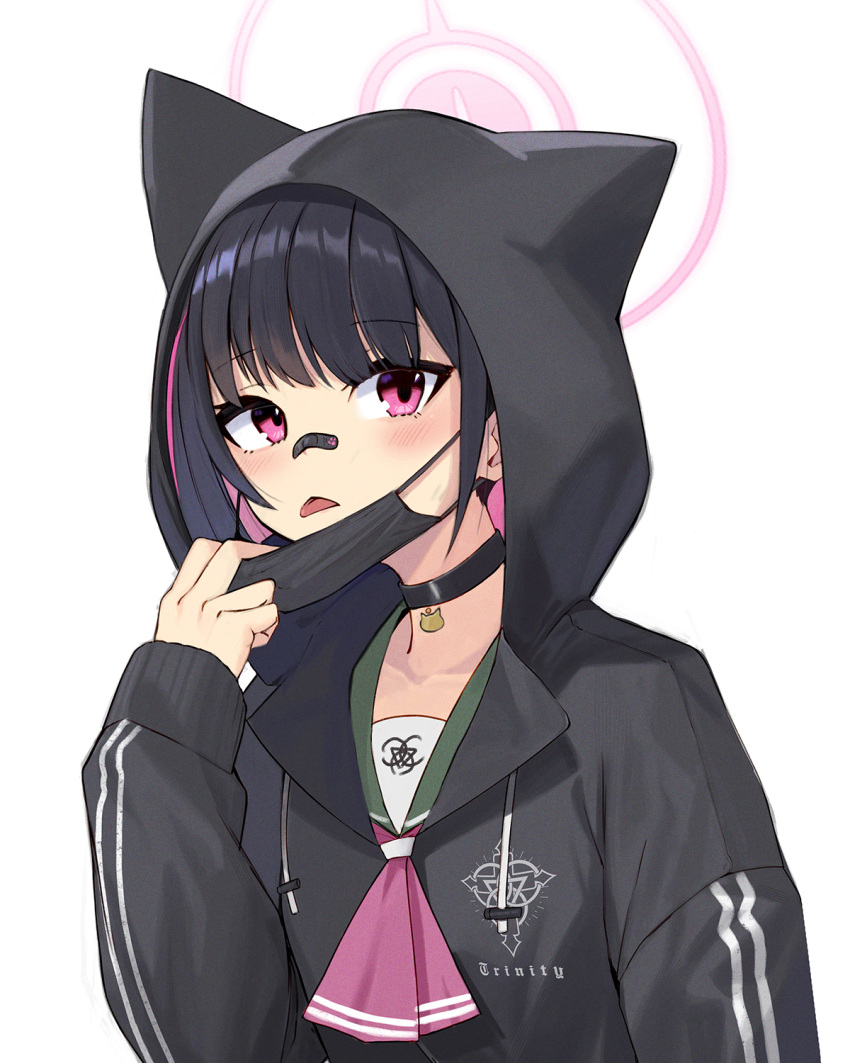1girl black_choker black_hair black_jacket black_mask blue_archive blush choker commentary halo highres hood hood_up hooded_jacket jacket kazusa_(blue_archive) long_sleeves mask mouth_mask pink_hair pink_halo ranyu red_eyes short_hair simple_background solo surgical_mask symbol-only_commentary tongue tongue_out upper_body white_background