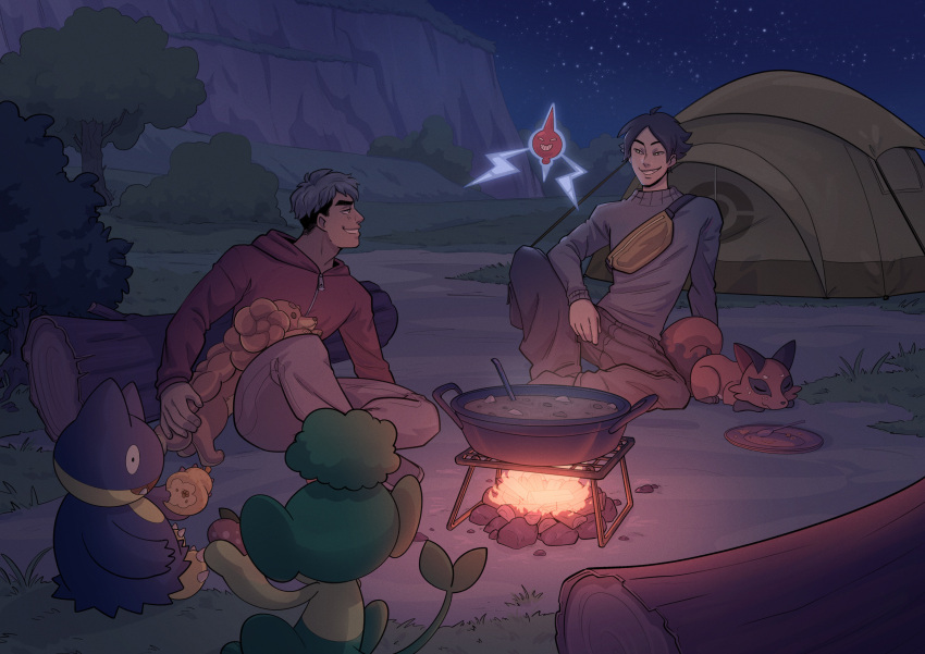 2boys absurdres berry_(pokemon) bianca_milanez black_hair brown_pants campfire character_request check_character dachsbun eating eye_contact food grey_hair grey_sweater haikyuu!! highres holding holding_food jacket ladle log looking_at_another male_focus miya_osamu multiple_boys munchlax nickit night outdoors pansage pants pecha_berry plate poke_ball_symbol pokemon pokemon_(creature) red_jacket rotom sitrus_berry sky smile star_(sky) starry_sky suna_rintarou sweater tent tree zipper