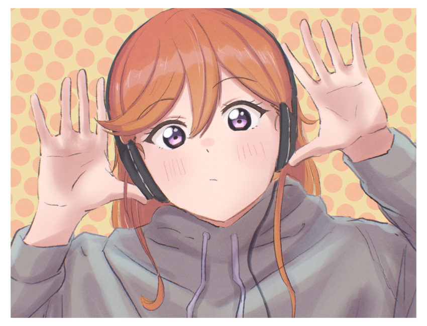 1girl absurdres against_glass blush border closed_mouth commentary english_commentary gomadare4869 grey_hoodie hair_between_eyes headphones highres hood hoodie long_sleeves looking_at_viewer love_live! love_live!_superstar!! medium_hair orange_hair polka_dot polka_dot_background shibuya_kanon solo upper_body violet_eyes white_border