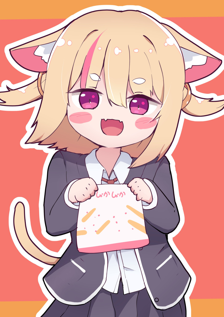 1girl :d absurdres animal_ear_fluff animal_ears bag black_jacket black_skirt blazer blonde_hair blush blush_stickers bob_cut cat_ears cat_girl cat_tail collared_shirt commentary cowboy_shot dancing dress_shirt fangs hair_between_eyes hair_rings head_tilt highres hikimayu holding holding_bag jacket long_sleeves looking_at_viewer mcdonald's necktie orange_background original outline paper_bag pink_eyes pleated_skirt red_background red_necktie school_uniform shakacat shaking shirt short_eyebrows short_hair skin_fangs skirt slit_pupils smile solo tail thick_eyebrows two_side_up w_arms white_outline white_shirt
