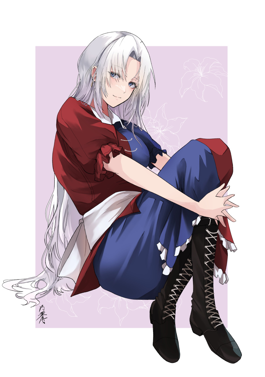 1girl absurdres black_footwear blue_dress blue_eyes boots closed_mouth cross-laced_footwear dress frilled_sleeves frills grey_hair highres long_hair looking_at_viewer red_dress short_sleeves signature smile solo touhou two-tone_dress very_long_hair yagokoro_eirin yagoro_kusuriya
