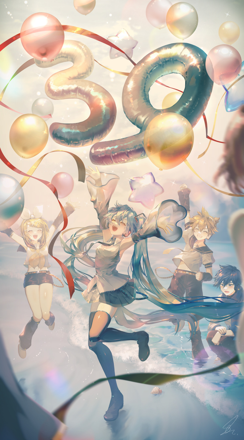 2boys 3girls :d ^_^ arm_up armpits arms_up balloon beach black_footwear black_pants black_sailor_collar black_shorts black_skirt black_sleeves black_socks blonde_hair blue_eyes blue_hair boots breasts brother_and_sister clenched_hand closed_eyes commentary_request day detached_sleeves grin hatsune_miku highres jumping kagamine_len kagamine_rin kaito_(vocaloid) long_hair long_sleeves loose_socks medium_breasts meiko_(vocaloid) midair miku_day multiple_boys multiple_girls outdoors pants pleated_skirt saihate_(d3) sailor_collar see-through see-through_sleeves shirt shorts siblings skirt sleeveless sleeveless_shirt smile socks squatting standing standing_on_one_leg star_balloon thigh_boots twins twintails very_long_hair vocaloid wading water white_shirt wide_sleeves