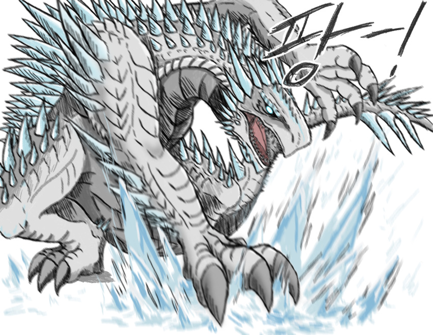 absurdres blue_spine character_request claws deen5822 giant giant_monster glowing glowing_eyes godzilla_(series) godzilla_x_kong:_the_new_empire highres horns ice kaijuu monster monsterverse sharp_teeth shimo_(monsterverse) spiked_tail spikes spine spines tail teeth tongue