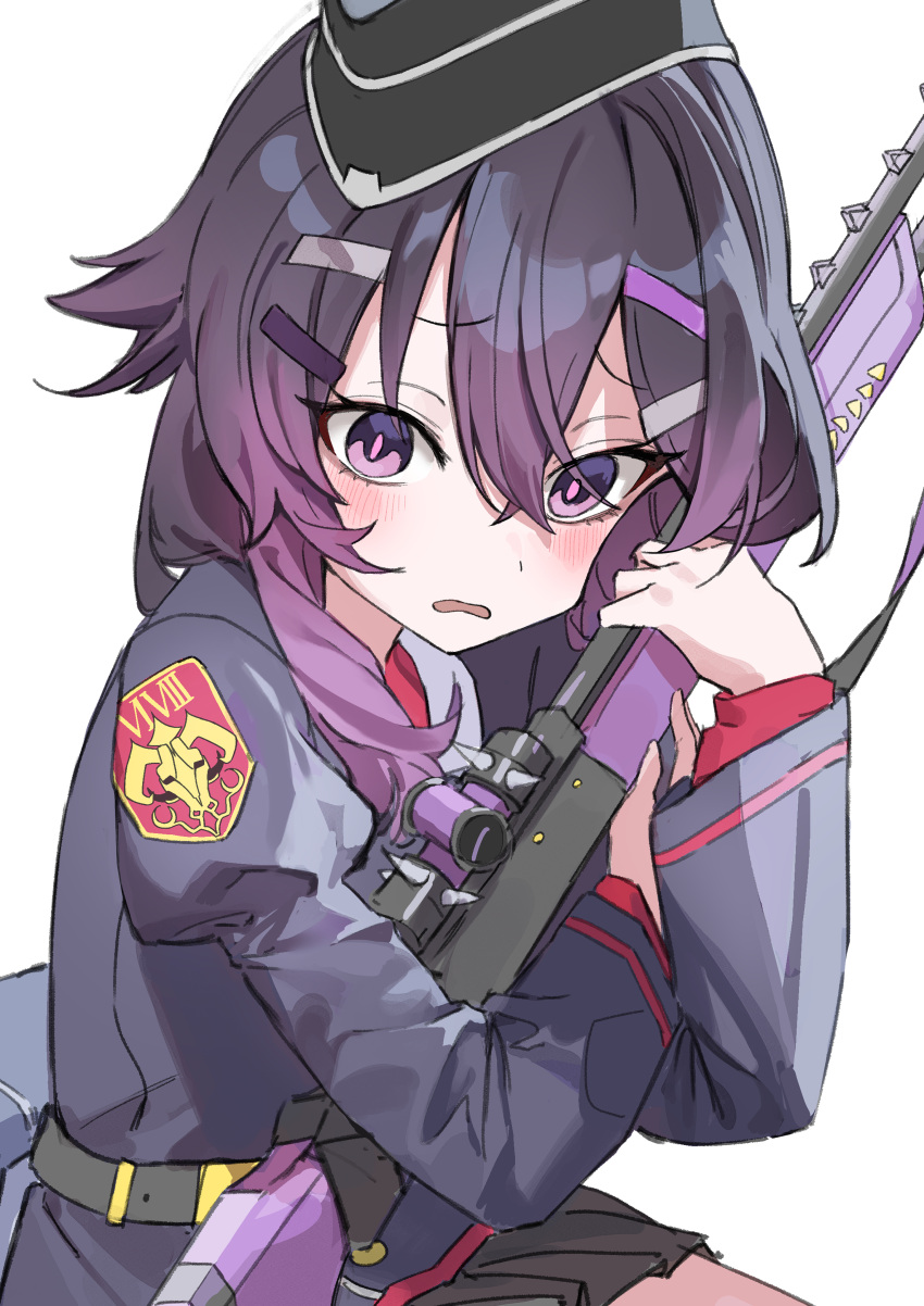 1girl absurdres belt black_belt black_headwear blue_archive blush garrison_cap gun haruka_(blue_archive) haruyuki_(gffewuoutgblubh) hat highres holding holding_gun holding_weapon juliet_sleeves long_hair long_sleeves looking_at_viewer military_uniform open_mouth puffy_sleeves purple_hair simple_background solo uniform violet_eyes weapon white_background