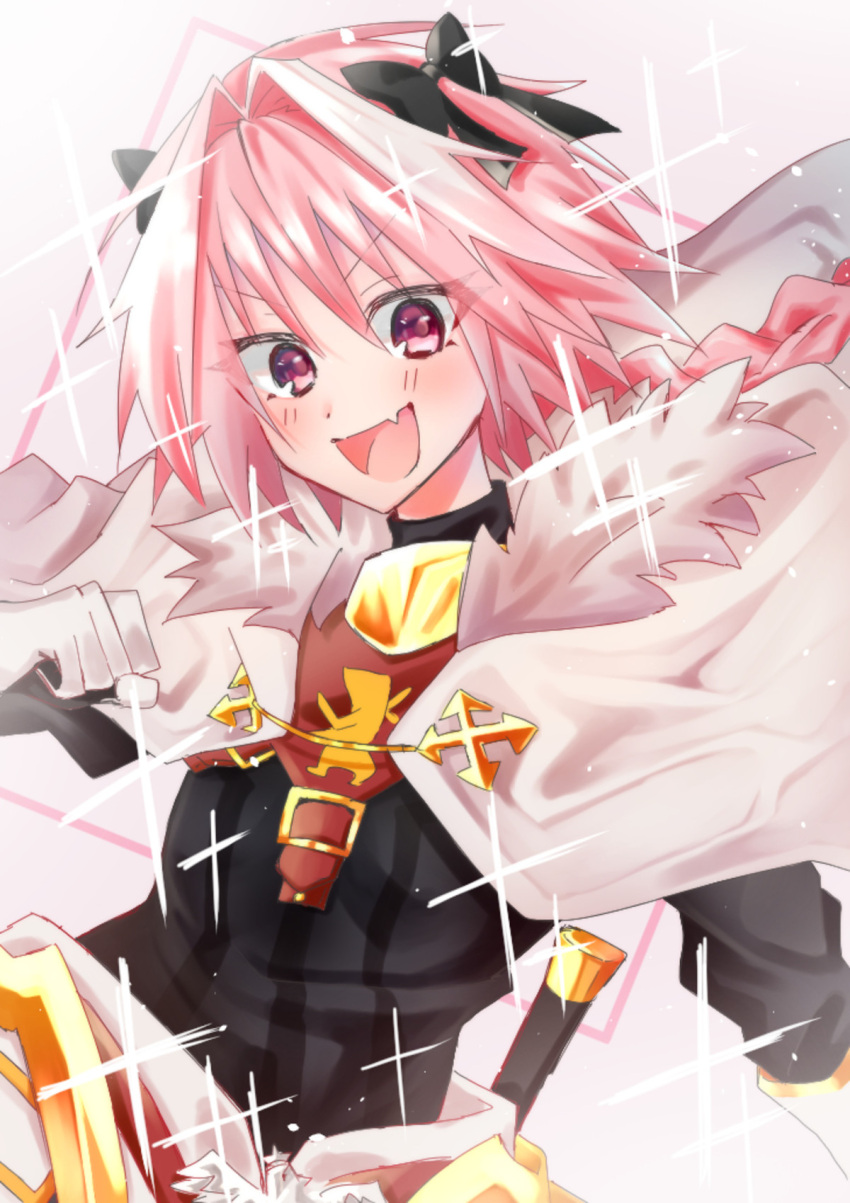 1boy archived_source armored_skirt artist_request astolfo_(fate) black_bow black_shirt blush bow braid cape clenched_hand fang fate/apocrypha fate_(series) fur-trimmed_cape fur_trim hair_bow hair_intakes highres long_braid long_hair male_focus multicolored_hair open_mouth otoko_no_ko pink_hair shirt simple_background single_braid skin_fang smile solo sparkle streaked_hair sword two-tone_hair upper_body violet_eyes weapon white_background white_cape white_hair