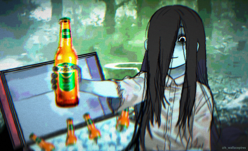 1girl artist_name beer_bottle black_eyes black_hair cerveza_cristal colored_skin commentary cooler dress english_commentary forest glass_bottle highres ice long_hair looking_at_viewer nature outdoors outstretched_hand product_placement scanlines short_sleeves smile solo the_ring twitter_username upper_body very_long_hair wallace_pires white_dress white_skin yamamura_sadako