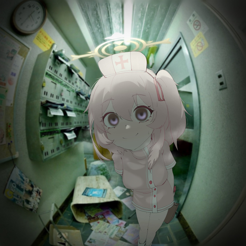 1girl absurdres arms_behind_back bag blue_archive ceiling_light clock closed_mouth commentary_request dress empty_eyes feet_out_of_frame fisheye hallway halo hat highres holding holding_bag indoors looking_at_viewer no_smoking nurse nurse_cap official_alternate_costume paper_bag photo_background pink_dress pink_hair plentyofempty pov_peephole serina_(blue_archive) serina_(nurse)_(blue_archive) smile solo standing sweat trash trash_can violet_eyes wall_clock wide-eyed yandere yellow_halo