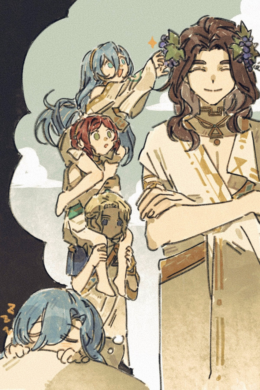 210_(reverse:1999) 2boys 2girls 37_(reverse:1999) 6_(reverse:1999) :d :o aged_down ancient_greek_clothes black_background blanket blonde_hair blue_eyes blue_hair brown_hair carrying closed_eyes clouds crossed_arms dreaming food food-themed_hair_ornament fruit giant grape_hair_ornament grapes greco-roman_clothes green_eyes hair_ornament highres himation human_tower long_hair looking_at_another multiple_boys multiple_girls ochano outstretched_arms picking_fruit reverse:1999 shoulder_carry sleeping smile sophia_(reverse:1999) stacking thought_bubble toga very_long_hair zzz