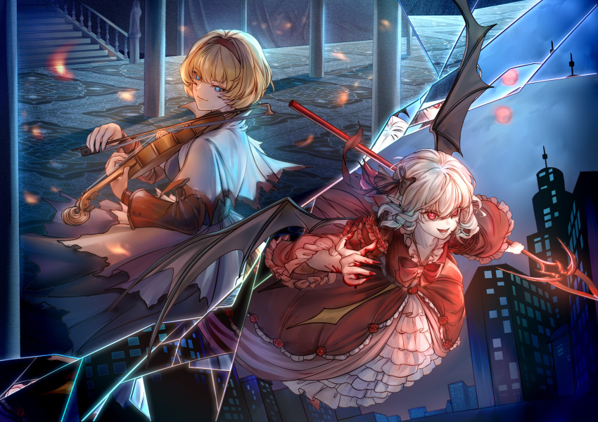 2girls absurdres alice_margatroid alternate_costume bat_wings black_bow blonde_hair blood blood_on_hands blue_eyes bow bow_(music) breaking building capelet closed_mouth commentary_request dress dress_flower flower flying gyokudama_(niku) hair_bow hairband highres holding holding_bow_(music) holding_instrument holding_polearm holding_violin holding_weapon instrument long_sleeves moon multiple_girls open_mouth polearm red_dress red_eyes red_flower red_hairband red_moon red_rose remilia_scarlet rose short_hair smile spear_the_gungnir stairs touhou violin weapon white_capelet wings