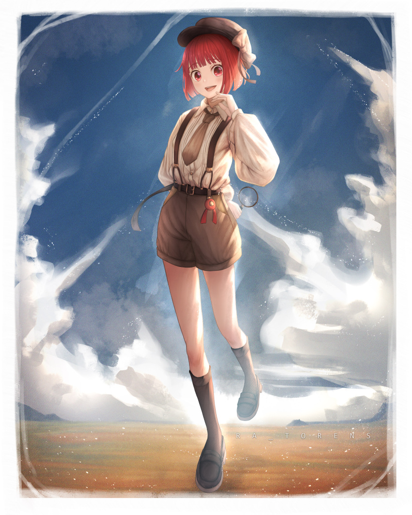 1girl :d absurdres arima_kana black_footwear blue_sky blunt_bangs blunt_ends border bow brown_necktie brown_shorts brown_socks clouds commentary dress_shirt hat hat_bow highres holding holding_magnifying_glass horizon kneehighs loafers long_sleeves magnifying_glass necktie oshi_no_ko outdoors puffy_long_sleeves puffy_sleeves ra_torens red_eyes redhead romaji_commentary shirt shoes short_shorts shorts sky smile socks solo suspenders teeth upper_teeth_only walking white_border white_bow white_shirt
