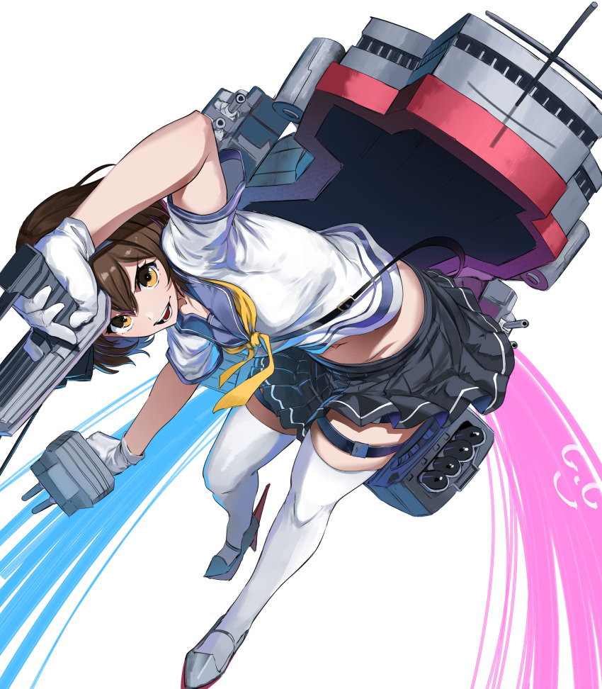 1girl absurdres adapted_turret blush breasts brown_eyes brown_hair cannon gegeron gloves hairband highres kantai_collection looking_at_viewer machinery neckerchief open_mouth ribbon rigging school_uniform serafuku short_hair signature small_breasts smile smokestack solo tanikaze_(kancolle) thigh-highs torpedo torpedo_launcher torpedo_tubes turret white_background white_gloves white_thighhighs