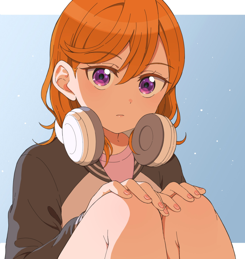 1girl closed_mouth commentary_request hair_between_eyes headphones headphones_around_neck highres jacket jenny_(artist) knees_to_chest looking_at_viewer love_live! love_live!_superstar!! medium_hair orange_hair pink_shirt shade shibuya_kanon shirt sitting solo swept_bangs upper_body violet_eyes white_jacket