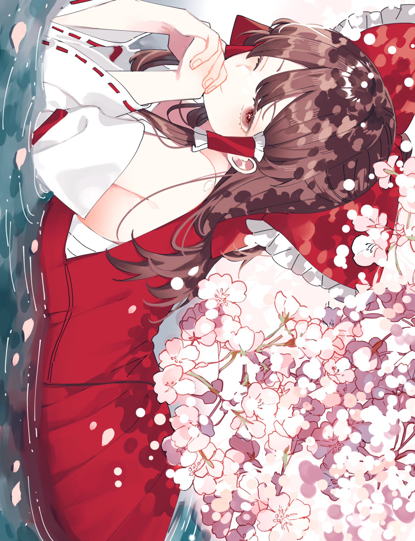 1girl absurdres bare_shoulders bow brown_eyes brown_hair cherry_blossoms chest_sarashi closed_mouth detached_sleeves frilled_bow frills hair_bow hair_tubes hakurei_reimu highres long_hair long_sleeves one_eye_closed red_bow red_skirt red_vest sarashi sidelocks skirt smile solo toraneko_2 touhou vest white_sleeves wide_sleeves