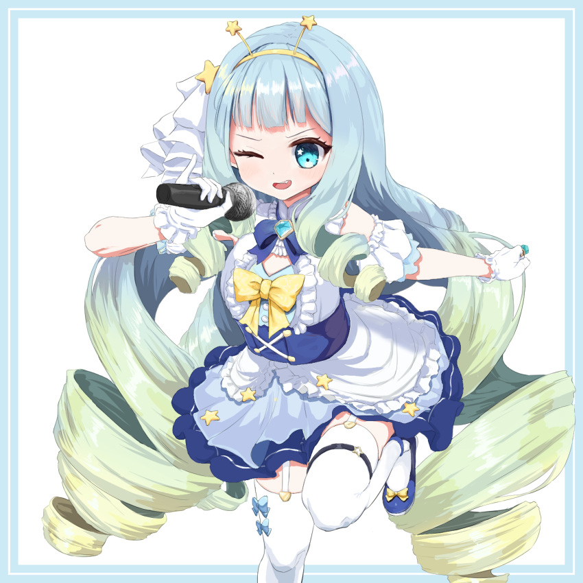 1girl arm_garter blonde_hair blue_bow blue_bowtie blue_brooch blue_eyes blue_footwear blue_hair bow bowtie dress drill_hair footwear_bow frilled_dress frills garter_straps gloves gradient_hair hair_ornament hairband highres holding holding_microphone jelly_hoshiumi jewelry long_hair microphone multicolored_hair not_ashes one_eye_closed open_mouth phase_connect ring solo star_(symbol) star_hair_ornament star_in_eye symbol_in_eye teeth thigh-highs upper_teeth_only very_long_hair virtual_youtuber white_garter_straps white_gloves white_thighhighs yellow_bow yellow_bowtie yellow_hairband