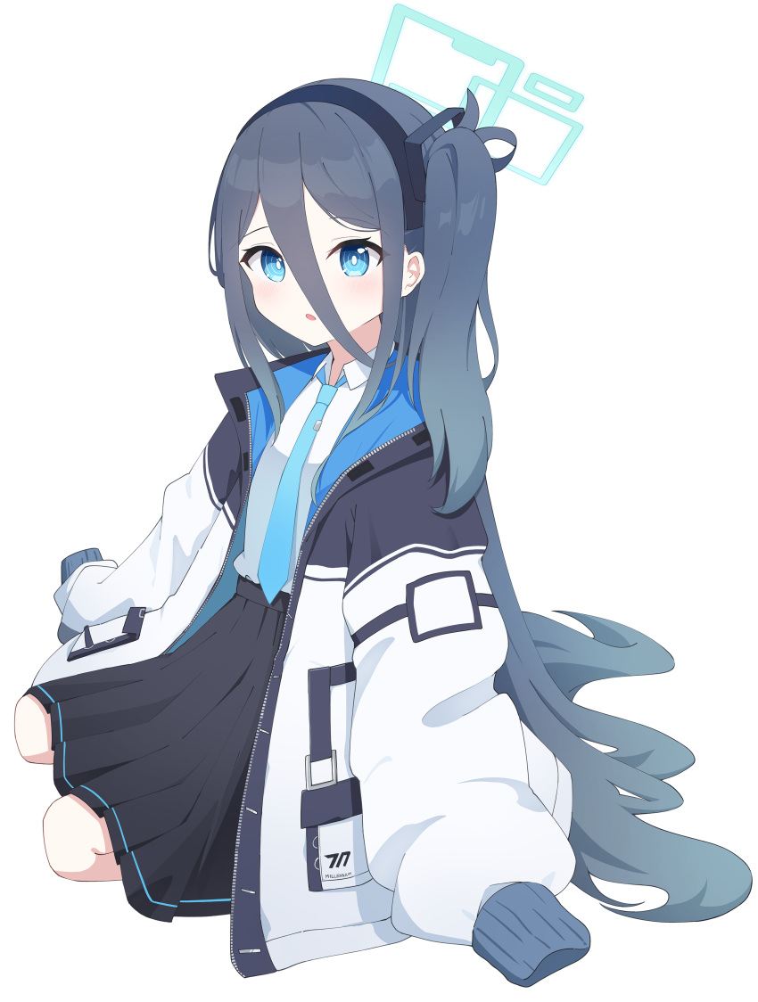 1girl absurdly_long_hair absurdres aris_(blue_archive) black_hair black_hairband black_skirt blue_archive blue_eyes blue_necktie blush collared_shirt green_halo hairband halo highres icetea_(8862) jacket long_hair looking_at_viewer necktie one_side_up open_clothes open_jacket parted_lips pleated_skirt ringed_eyes shirt simple_background skirt sleeves_past_fingers sleeves_past_wrists solo very_long_hair white_background white_jacket white_shirt
