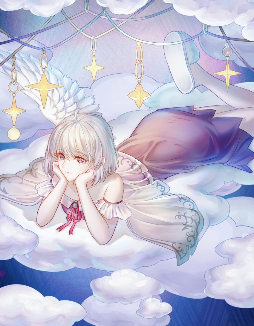 1girl absurdres ahoge angel_wings arm_support dress feathered_wings grey_hair gyokudama_(niku) highres kishin_sagume looking_at_viewer lying off-shoulder_dress off_shoulder on_cloud on_stomach purple_dress short_hair single_wing slippers smile solo star_(symbol) touhou white_wings wings