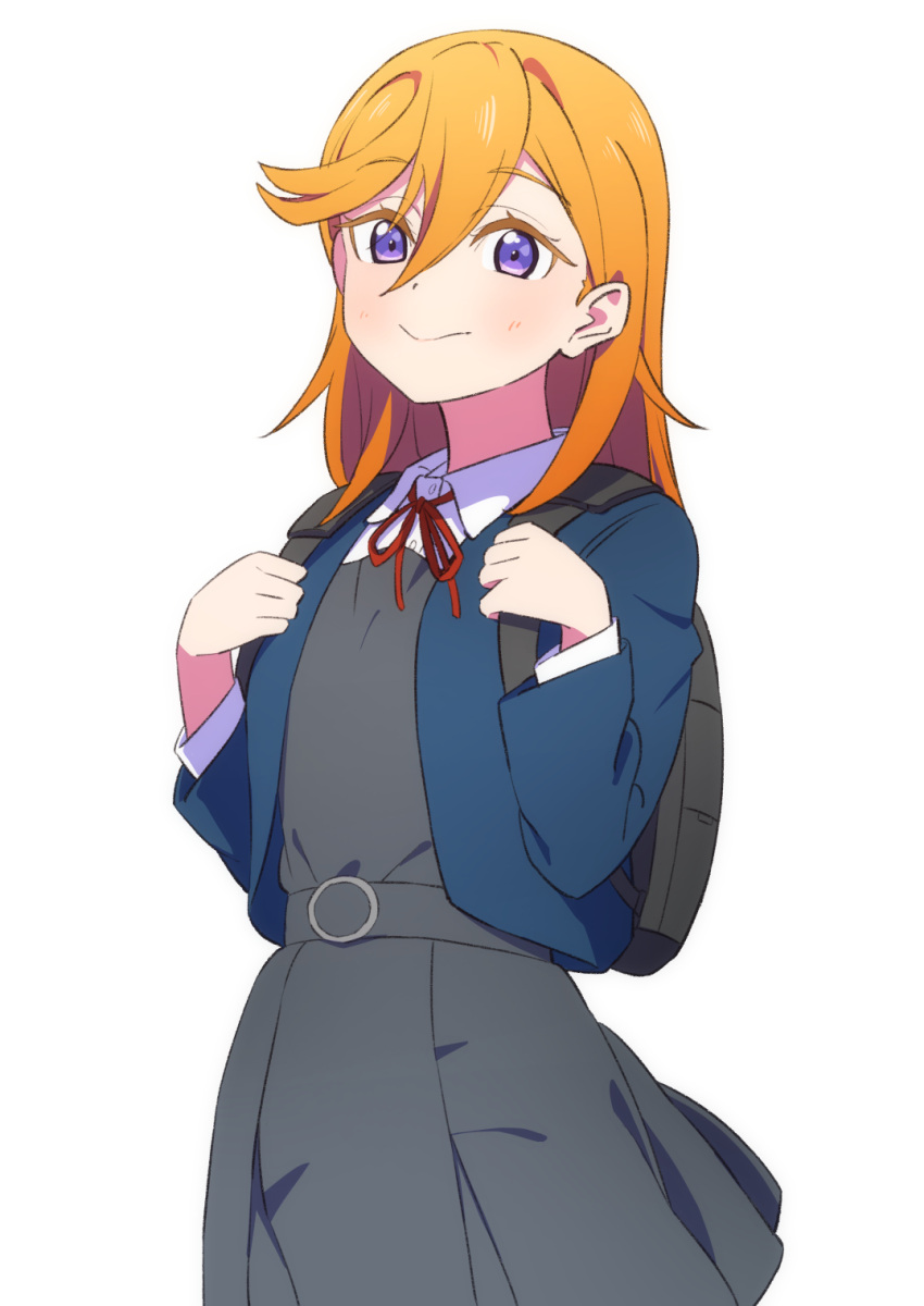 1girl afnroll backpack bag black_bag blue_jacket closed_mouth collared_shirt commentary_request dress grey_dress hair_between_eyes highres jacket long_sleeves looking_at_viewer love_live! love_live!_superstar!! medium_hair neck_ribbon open_clothes open_jacket orange_hair pinafore_dress red_ribbon ribbon school_uniform shibuya_kanon shirt sleeveless sleeveless_dress smile solo standing swept_bangs upper_body violet_eyes white_background white_shirt winter_uniform yuigaoka_school_uniform
