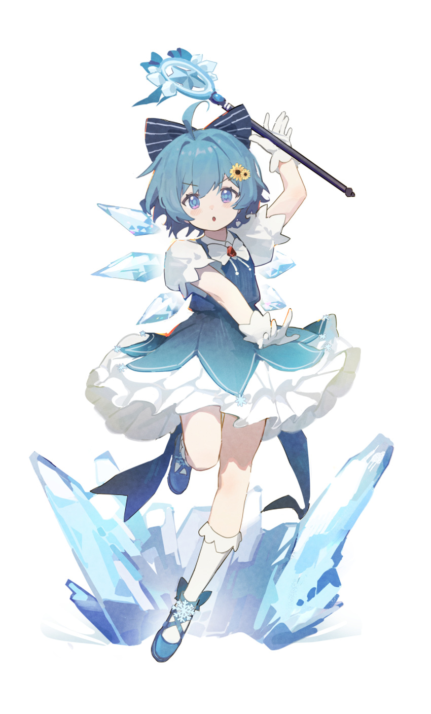1girl :o absurdres adapted_costume ahoge arm_up blue_bow blue_dress blue_eyes blue_footwear blue_hair bow bowtie cirno commentary dress flower gloves hair_bow hair_flower hair_ornament highres ice ice_wings looking_at_viewer open_mouth petticoat pinafore_dress puffy_short_sleeves puffy_sleeves shirt shoes short_hair short_sleeves simple_background siyumu sleeveless sleeveless_dress snowflakes socks solo sunflower sunflower_hair_ornament touhou wand white_background white_bow white_bowtie white_gloves white_shirt white_socks wings