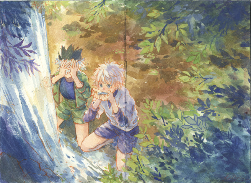 2boys bare_legs black_hair blue_eyes blue_shirt blue_shorts child chinese_commentary covering_face covering_own_eyes cupping_hands day drinking fishdry gon_freecss green_jacket green_shorts grey_shirt hands_up highres holding hunter_x_hunter jacket killua_zoldyck kneeling leaf long_sleeves male_focus multiple_boys open_clothes outdoors own_hands_together painting_(medium) shirt short_hair shorts spiky_hair splashing traditional_media washing_face water watercolor_(medium) waterfall white_hair white_shirt