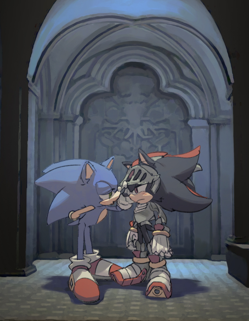 2boys animal_ears animal_nose arm_behind_back armor closed_mouth full_body furry furry_male gloves green_eyes half-closed_eyes helmet highres indoors looking_at_another male_focus multiple_boys plate_armor red_eyes red_footwear shadow shadow_the_hedgehog shoes sonic_(series) sonic_the_hedgehog standing tail thslrrpwjd white_gloves