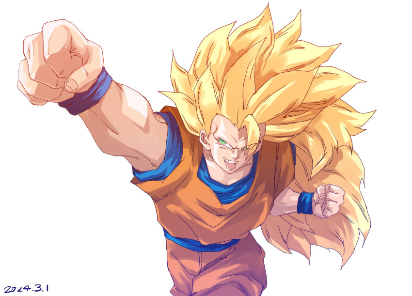 1boy absurdres alternate_eye_color arm_up blonde_hair blue_shirt blue_wristband clenched_hands commentary_request dated dragon_ball dragon_ball_z green_eyes hair_between_eyes highres long_hair looking_at_viewer muscular muscular_male no_eyebrows open_mouth orange_pants orange_vest pants punching serious shirt short_sleeves simple_background solo son_goku spiky_hair super_saiyan super_saiyan_3 very_long_hair vest white_background x&amp;x&amp;x