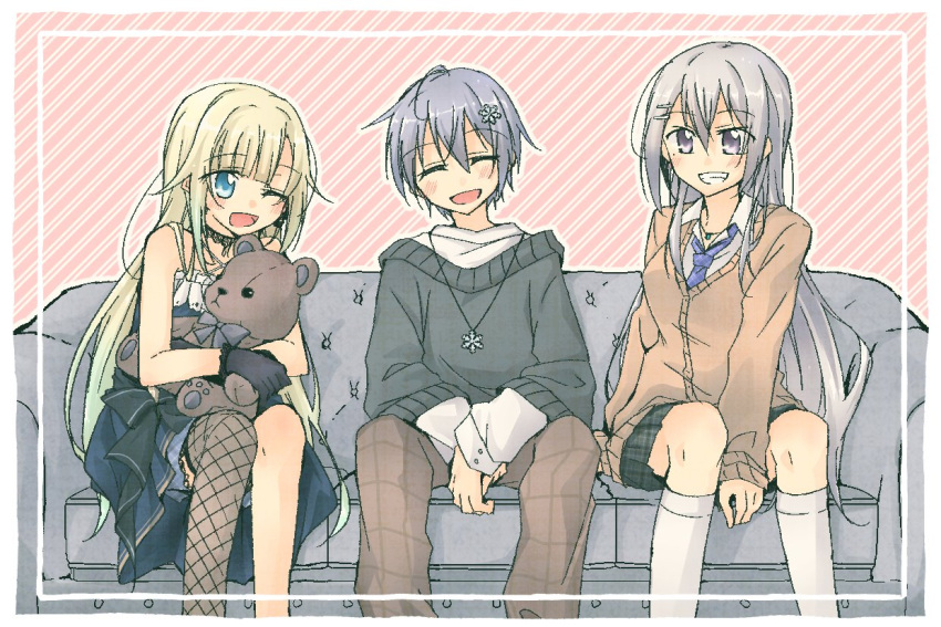 1boy 2girls :d ;d aizawa_ema aizawa_ema_(1st_costume) ankle_socks aqua_hair bare_shoulders between_legs black_gloves blonde_hair blue_dress blue_eyes blue_hair blush brown_cardigan brown_pants cardigan choker clenched_teeth closed_eyes collared_shirt commentary_request couch criss-cross_halter dress fishnet_thighhighs fishnets gloves gradient_hair grey_hair grey_sweater hair_between_eyes hair_down hair_ornament hairclip halter_dress halterneck hand_between_legs higuchi_kaede higuchi_kaede_(1st_costume) hugging_doll hugging_object lace lace-trimmed_skirt lace_choker lace_trim long_hair long_sleeves looking_at_viewer mole mole_under_eye multicolored_hair multiple_girls necktie neo-porte nigirimeshi nijisanji on_couch one_eye_closed open_mouth outline pants plaid plaid_necktie plaid_skirt purple_necktie shirayuki_reid shirt short_hair single_thighhigh sitting skirt sleeves_past_wrists smile snowflake_hair_ornament snowflake_necklace socks striped_background stuffed_animal stuffed_toy sweater teddy_bear teeth thigh-highs very_long_hair violet_eyes virtual_youtuber vspo! white_outline white_shirt white_socks