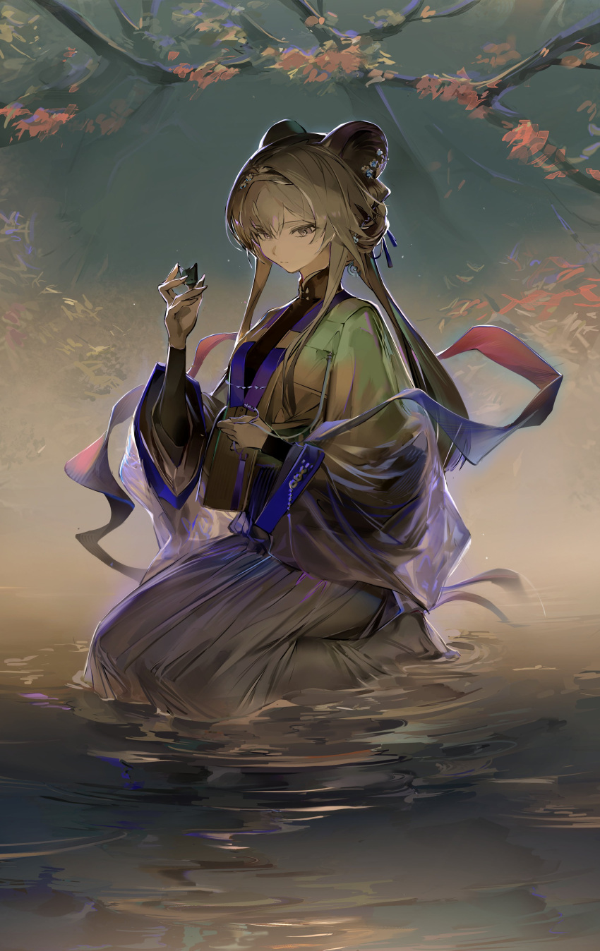 1girl absurdres animal_ears arknights breasts closed_mouth flower hairband highres holding japanese_clothes jewelry kimono koio lin_(arknights) long_hair long_sleeves medium_breasts mouse_ears mouse_girl nature outdoors pink_hair sitting solo tagme tree violet_eyes water wide_sleeves