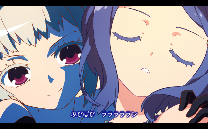 2girls absurdres amou_june black_gloves blue_hair closed_mouth derivative_work facing_viewer gloves grey_hair hand_on_another's_shoulder highres katupuraamen letterboxed looking_at_viewer lyrics multiple_girls parted_lips pretty_rhythm pretty_rhythm_rainbow_live pretty_series rinne_(pretty_rhythm) screencap_redraw short_hair smile upper_body violet_eyes