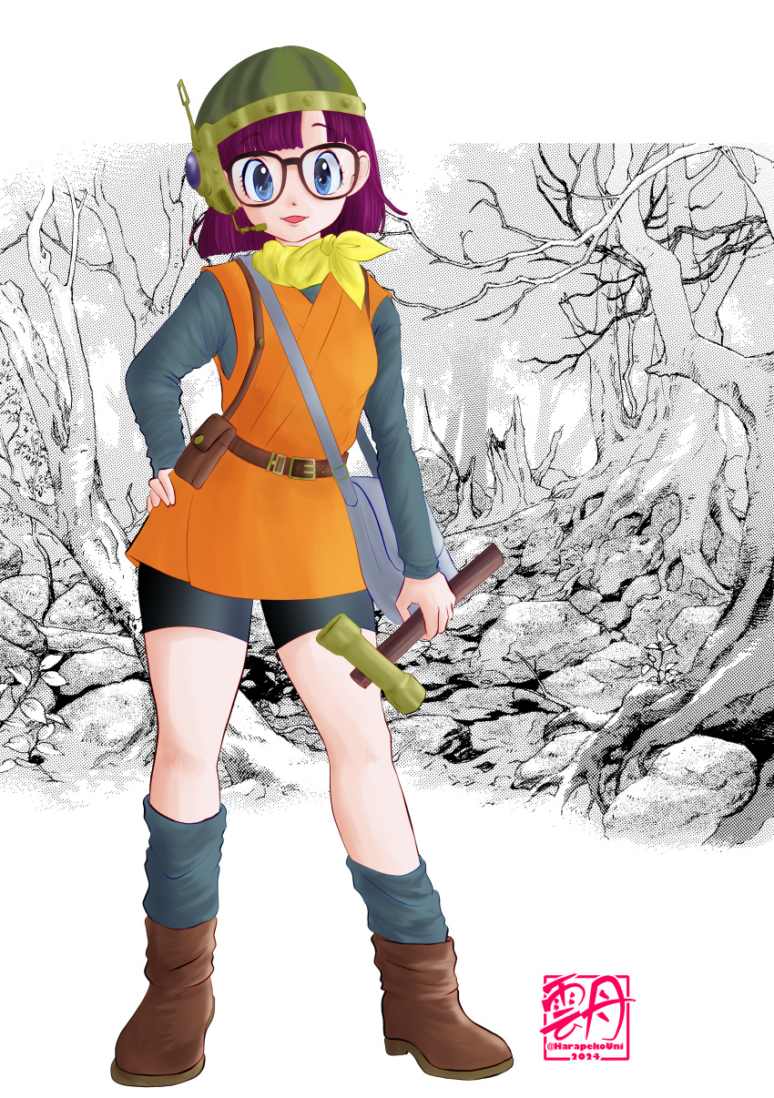 1girl absurdres artist_logo bag belt black_shorts blue_eyes boots brown_footwear chrono_trigger dated dithering full_body glasses grey_bag grey_shirt grey_socks hammer hand_on_own_hip headset helmet highres holding holding_hammer looking_at_viewer lucca_ashtear neckerchief parted_lips partially_colored purple_hair shirt short_hair shorts shoulder_bag socks solo unidon4910 yellow_neckerchief