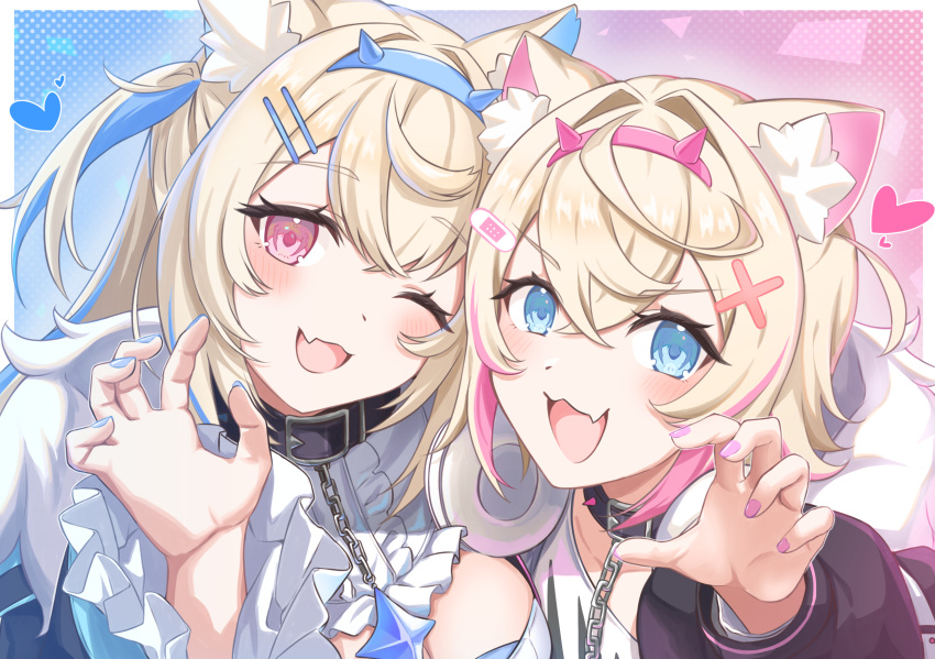 2girls animal_ear_fluff animal_ears bandaid bandaid_hair_ornament belt_collar black_collar black_jacket blue_eyes blue_hair blush collar commentary dog_ears dog_girl dress fang fur-trimmed_jacket fur_trim fuwawa_abyssgard fuwawa_abyssgard_(1st_costume) hair_ornament hairpin headphones headphones_around_neck highres hololive hololive_english jacket keshikasu9 long_hair looking_at_viewer medium_hair mococo_abyssgard mococo_abyssgard_(1st_costume) multicolored_hair multiple_girls one_eye_closed open_mouth pink_eyes pink_hair shirt siblings sisters skin_fang smile spiked_collar spikes streaked_hair twins two_side_up virtual_youtuber white_dress white_shirt x_hair_ornament