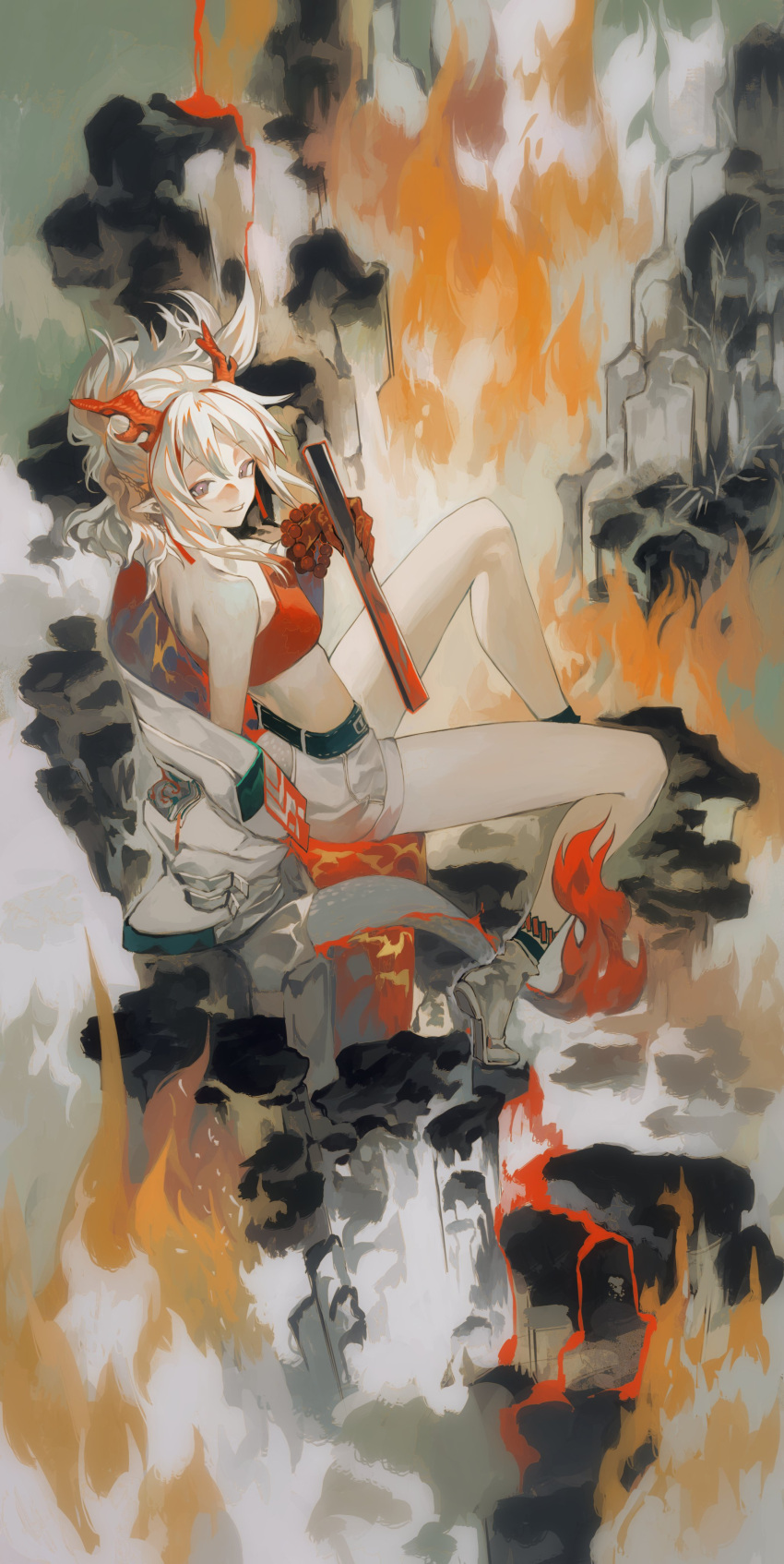 1girl absurdres arknights bare_shoulders dare_no_inarikami dragon_girl dragon_horns dragon_tail fire hashtag_only_commentary highres holding horns jacket looking_at_viewer midriff nian_(arknights) red_shirt shirt shorts sitting smile tail white_footwear white_hair white_jacket white_shorts