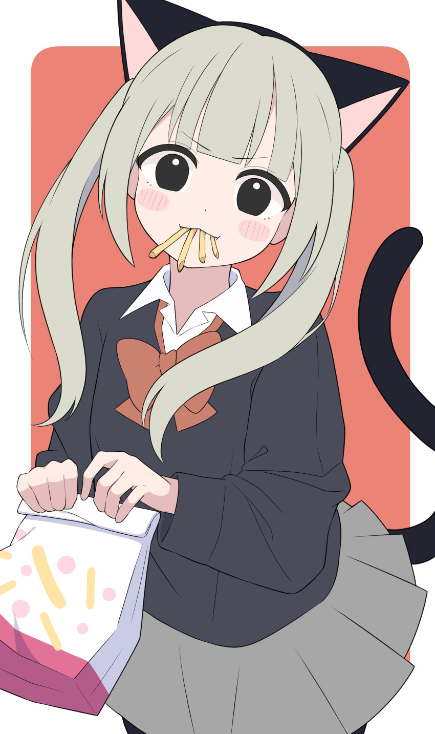 1girl :3 absurdres animal_ear_hairband animal_ears bag black_eyes black_sweater blush blush_stickers border bow bowtie cat_ear_hairband cat_ears cat_tail closed_mouth collared_shirt commentary dancing dress_shirt fake_animal_ears flat_color food food_in_mouth french_fries grey_hair grey_skirt hairband harr_illust head_tilt highres holding holding_bag long_hair looking_at_viewer mcdonald's original outside_border paper_bag pleated_skirt red_background red_bow red_bowtie school_uniform shakacat shaking shirt skirt solo sweater tail twintails v-shaped_eyebrows white_border white_shirt