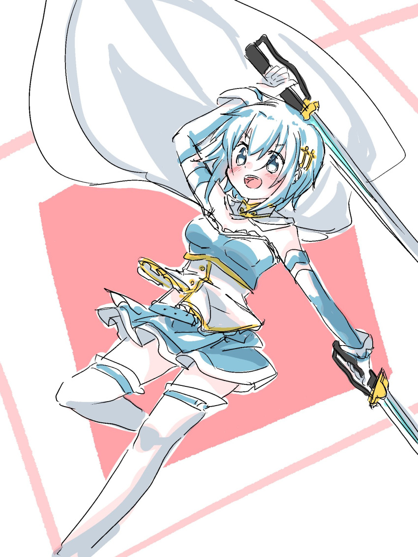 1girl blue_eyes blue_hair blue_skirt cape detached_sleeves dual_wielding fortissimo frl1015 gloves hair_ornament highres holding holding_sword holding_weapon looking_to_the_side magical_girl mahou_shoujo_madoka_magica mahou_shoujo_madoka_magica_(anime) miki_sayaka musical_note musical_note_hair_ornament open_mouth short_hair skirt solo sword thigh-highs weapon white_cape white_gloves white_thighhighs