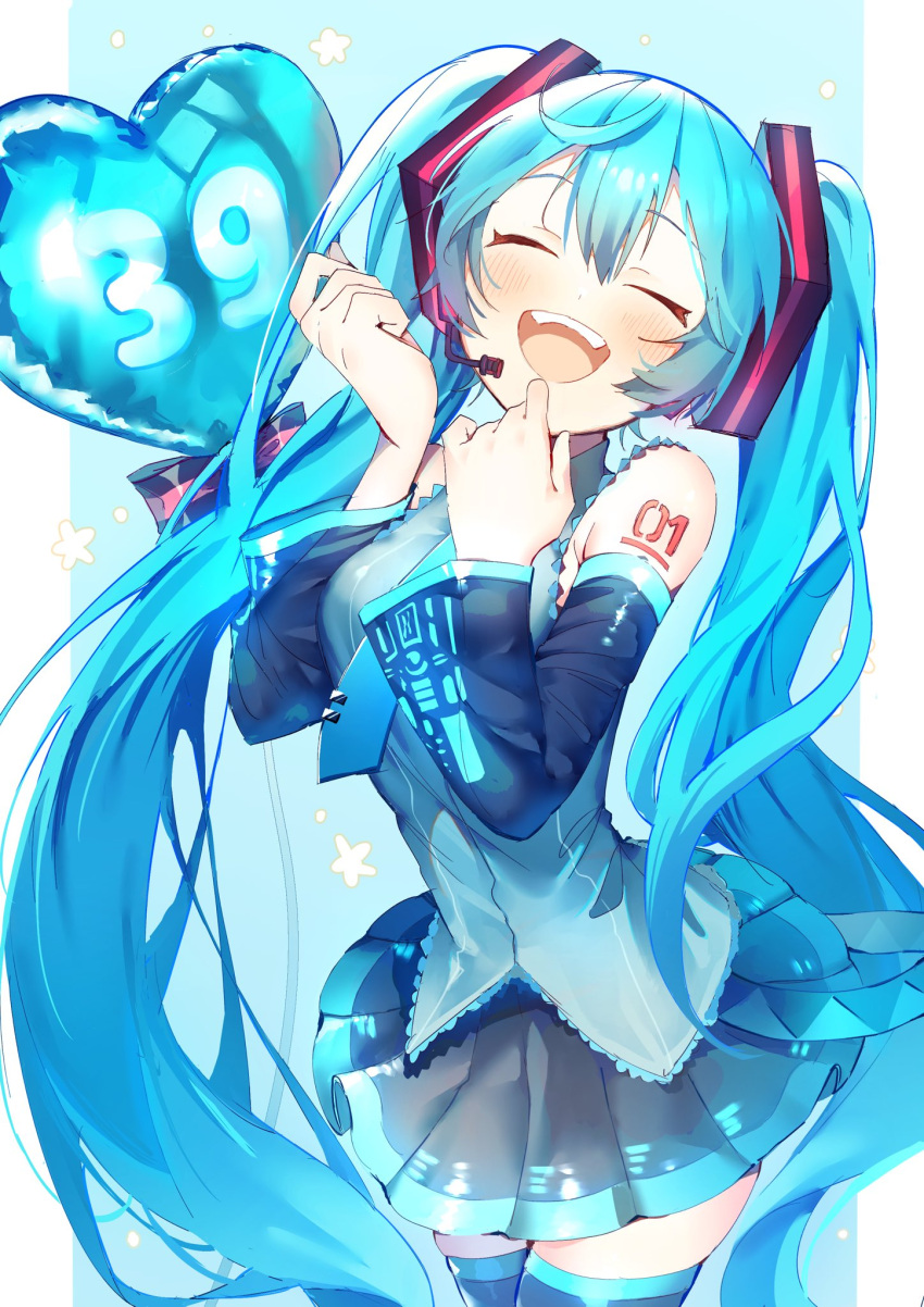 1girl :d balloon black_thighhighs blue_hair boom_microphone closed_eyes detached_sleeves hatsune_miku highres long_hair necktie shoulder_tattoo simple_background skirt smile solo tattoo teeth thigh-highs twintails upper_teeth_only wasemkn