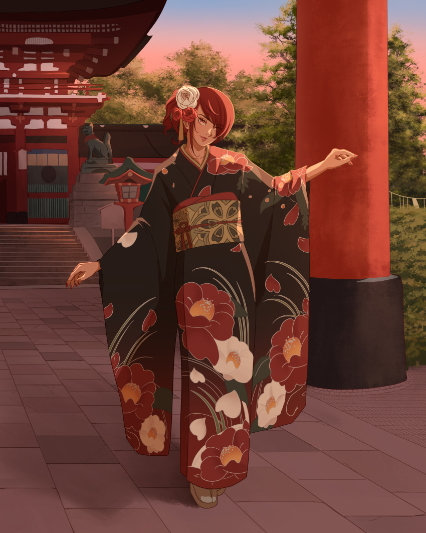 1girl absurdres alternate_hairstyle black_kimono flower hair_flower hair_ornament hair_over_one_eye highres japanese_clothes kimono kirijou_mitsuru looking_at_viewer multicolored_clothes persona persona_3 pillar redhead solo temple tree version5art