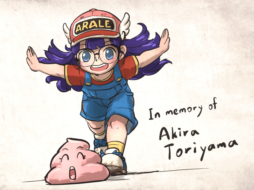 1girl baseball_cap black-framed_eyewear blue_eyes blue_footwear blue_overalls commentary dr._slump english_text full_body glasses hat highres ironlily long_hair norimaki_arale outstretched_arms over-rim_eyewear overalls poop purple_hair red_shirt running semi-rimless_eyewear shirt shoes sneakers socks solo_focus t-shirt teeth toriyama_akira_(style) upper_teeth_only winged_hat yellow_socks