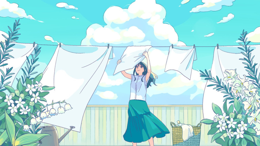 1girl arms_up basket black_hair blue_sky clothesline clouds cloudy_sky cumulonimbus_cloud day feet_out_of_frame fence flower green_skirt green_sky holding laundry laundry_basket lily_of_the_valley long_hair open_mouth original outdoors plant shirt short_sleeves skirt sky solo standing tamiura_0422 white_flower white_shirt