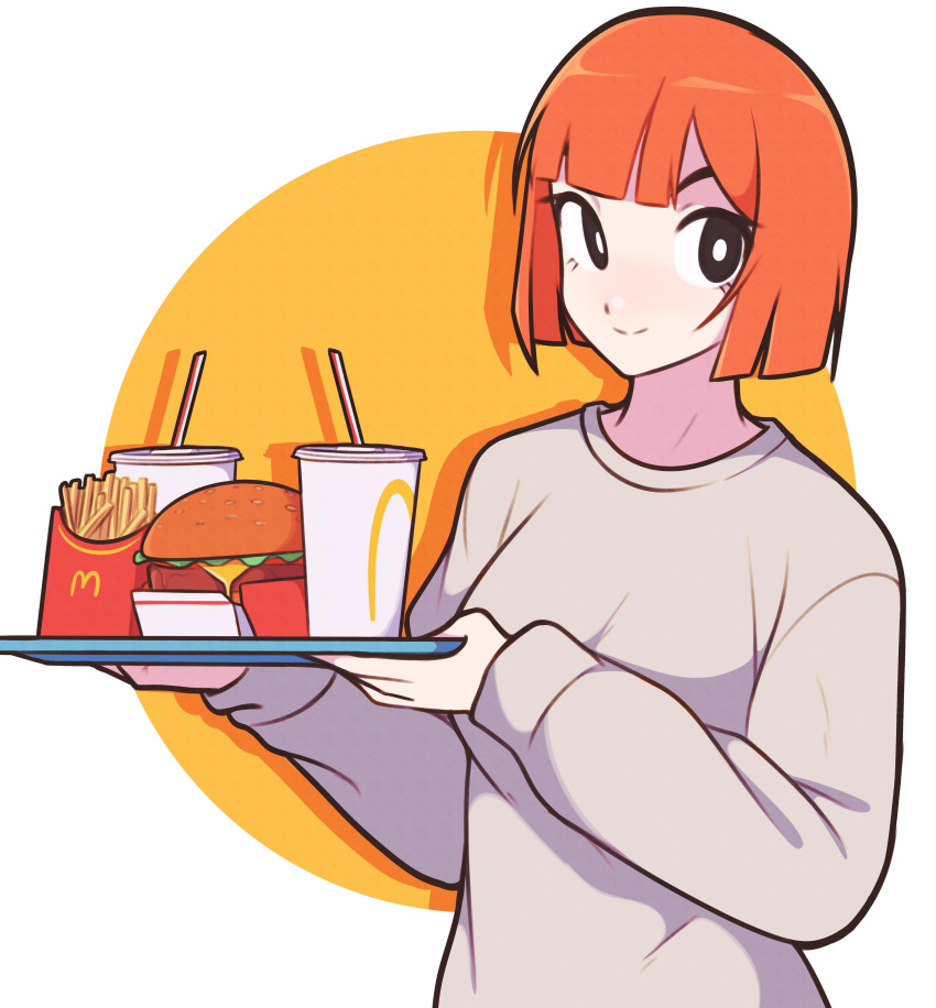 1girl absurdres black_eyes bob_cut breasts brown_sweater burger commentary cup disposable_cup eyebrows_hidden_by_hair food french_fries highres holding holding_tray jeff_miga large_breasts mcdonald's mother_(yoru_mac) orange_hair smile solo sweater tray upper_body yoru_mac